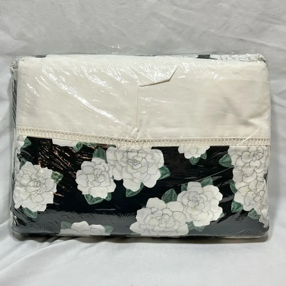 Vintage Designer Sheet Set Full Size Black Ivory Floral Flat Fitted Pillowcases